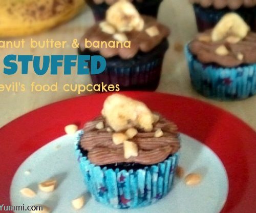 Peanut Butter Banana Stuffed Devils Food Cupcakes