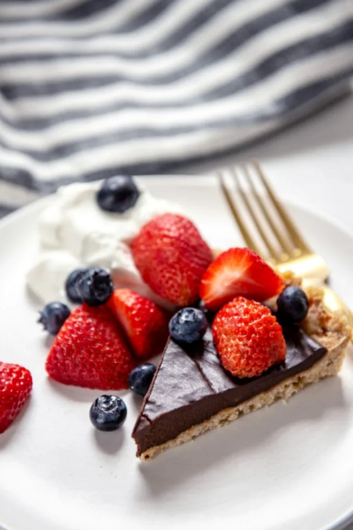 plated slice of dark chocolate ganache tart topped with fresh berries